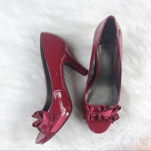 [Fergalicious] Cherry Red Ruffle Open Toe Pumps